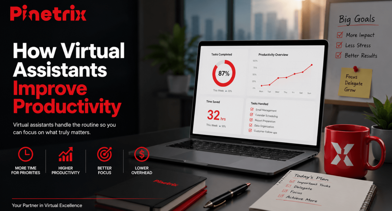 Professional Pinetrix featured image showing how virtual assistants improve business productivity through task management, workflow optimization, and administrative support.