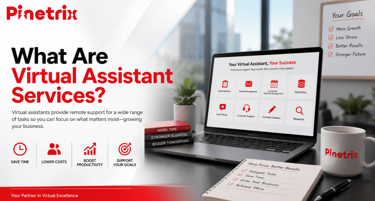 Professional illustration of virtual assistant services showing administrative support, email management, calendar scheduling, customer support, social media management, bookkeeping, project management, and data entry by Pinetrix.