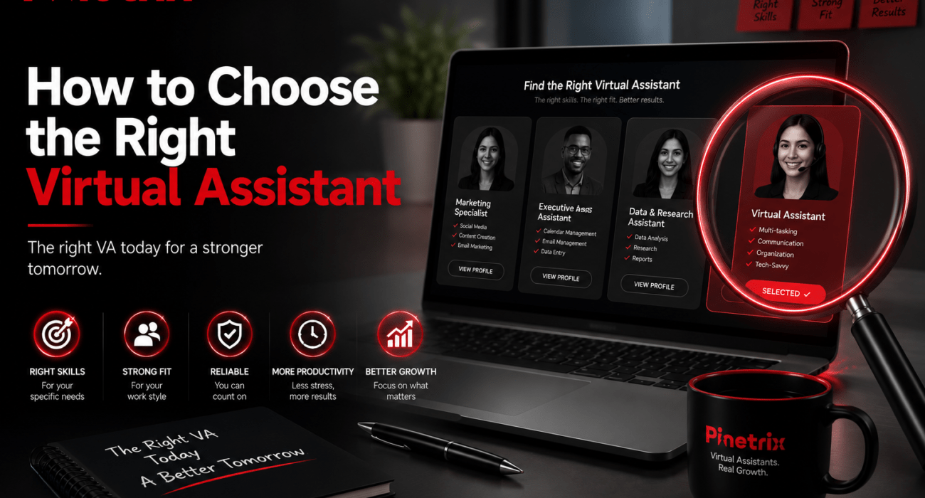 Professional illustration showing how to choose the right virtual assistant, featuring candidate profiles, business skills, communication, reliability, and productivity by Pinetrix.