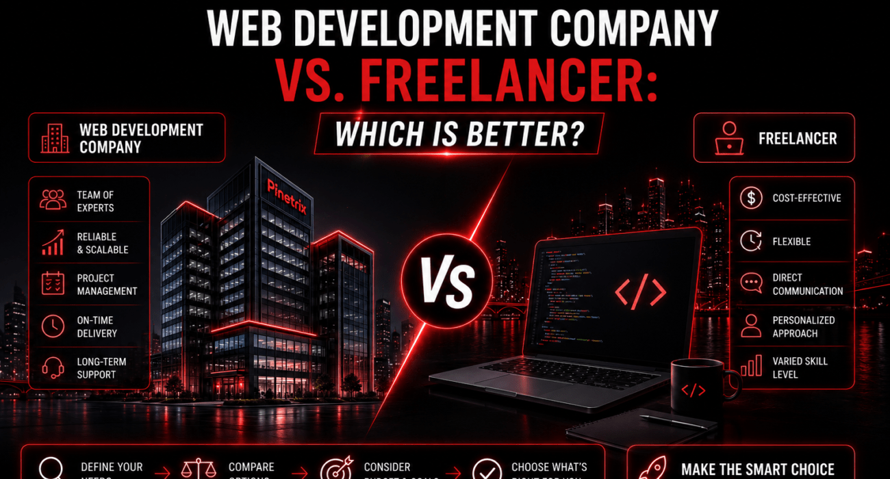 Web development company vs. freelancer comparison showing team-based development, project management, scalability, cost, and direct communication.