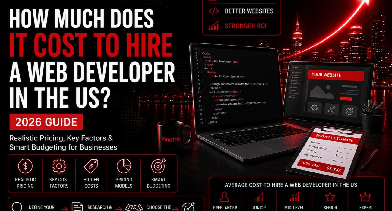 How much does it cost to hire a web developer in the US in 2026, showing developer pricing, hourly rates, and web development cost factors.
