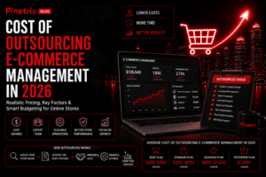 Cost of outsourcing e-commerce management in 2026 showing e-commerce pricing plans, outsourced tasks, store management, and business growth.