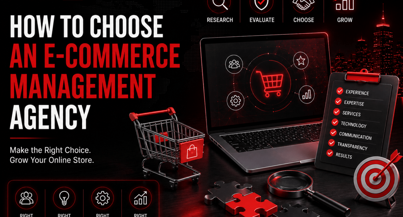 How to choose an e-commerce management agency, featuring an online store, agency selection checklist, research, evaluation, strategy, and growth.