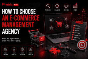How to choose an e-commerce management agency, featuring an online store, agency selection checklist, research, evaluation, strategy, and growth.