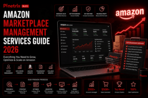 Amazon Marketplace Management Services Guide 2026 showing Amazon seller dashboard, product optimization, PPC advertising, inventory management, and sales growth.