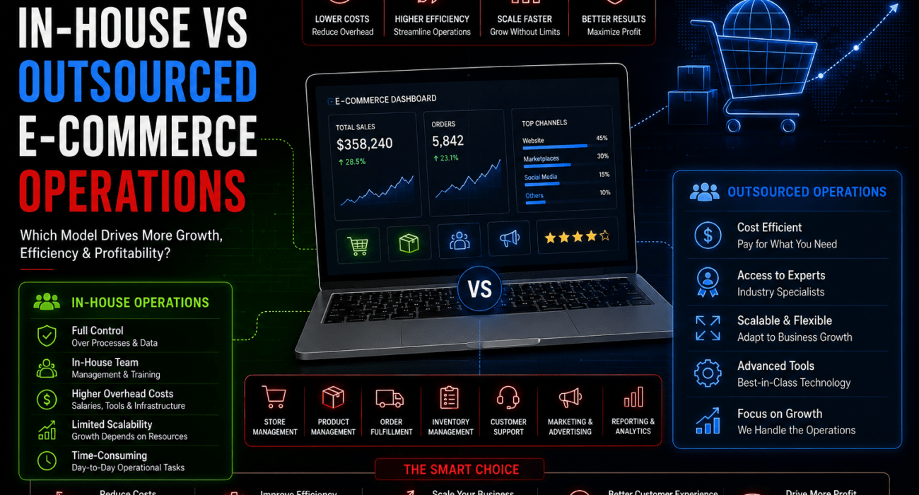 In-house vs outsourced e-commerce operations comparison showing costs, efficiency, scalability, store management, and business growth.