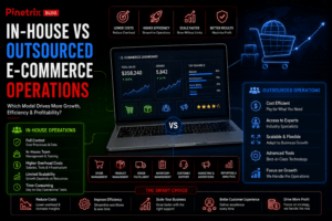 In-house vs outsourced e-commerce operations comparison showing costs, efficiency, scalability, store management, and business growth.