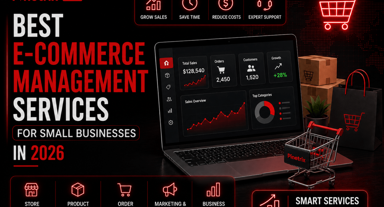 Best e-commerce management services for small businesses in 2026 showing store management, product management, order fulfillment, marketing, and business growth.