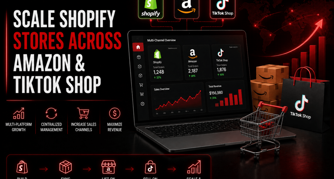 Scale Shopify stores across Amazon and TikTok Shop showing multi-channel e-commerce management, product synchronization, sales growth, and revenue.