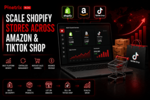 Scale Shopify stores across Amazon and TikTok Shop showing multi-channel e-commerce management, product synchronization, sales growth, and revenue.