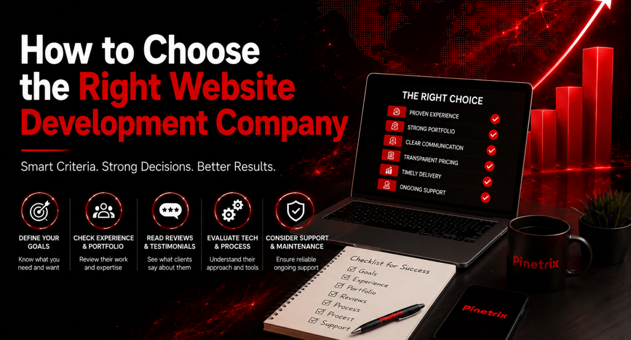 Pinetrix blog featured image illustrating how to choose the right website development company, highlighting experience, portfolio, client reviews, technology, communication, pricing, and ongoing support with a modern web development workspace.