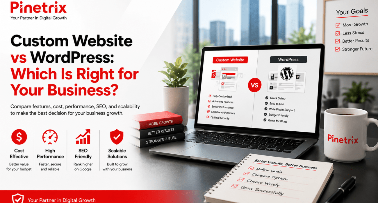 Comparison of a Custom Website vs WordPress showing cost, SEO, performance, scalability, and business use cases to help choose the right website development solution.