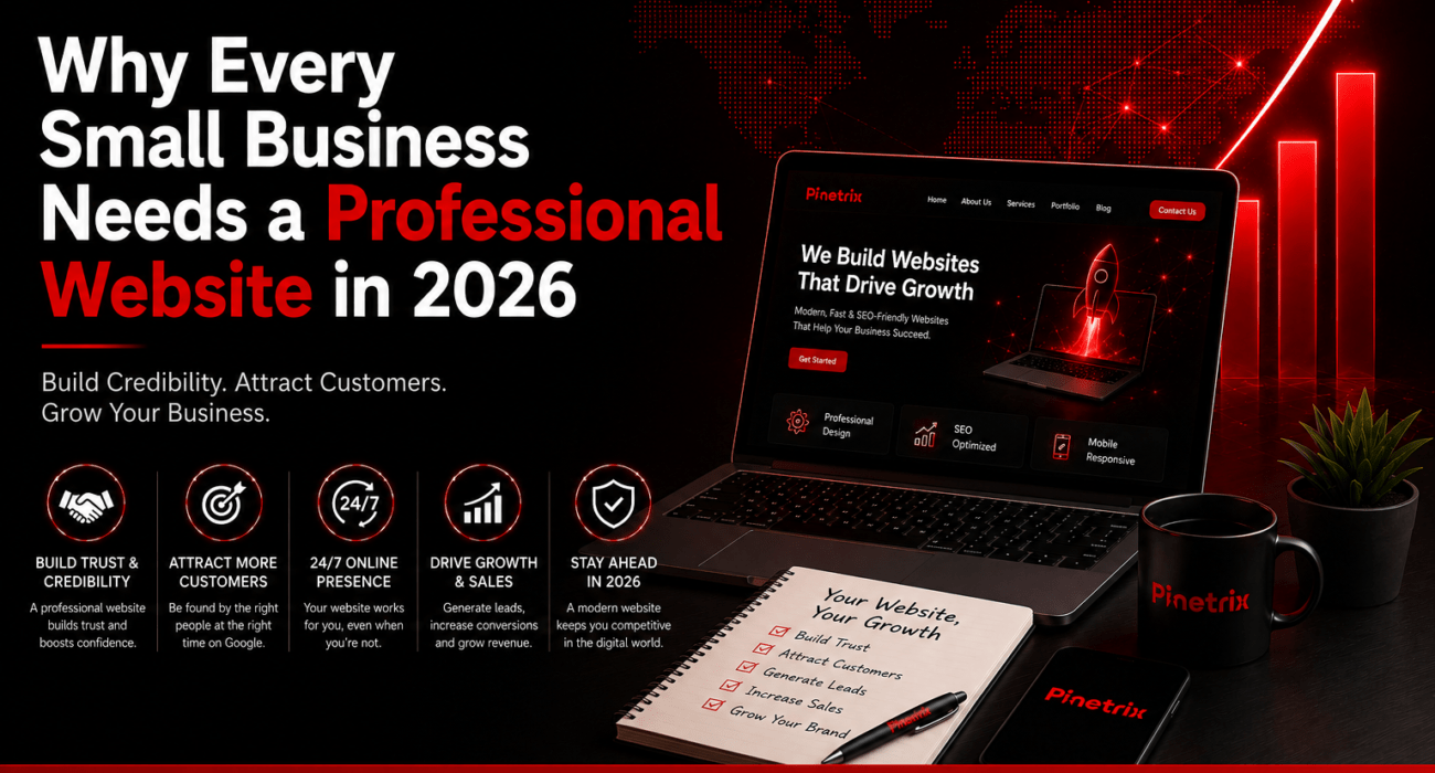Illustration showing why every small business needs a professional website in 2026, featuring a modern business website on a laptop, growth chart, digital world map, and icons representing credibility, customer acquisition, online presence, business growth, and website security.