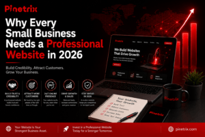 Illustration showing why every small business needs a professional website in 2026, featuring a modern business website on a laptop, growth chart, digital world map, and icons representing credibility, customer acquisition, online presence, business growth, and website security.