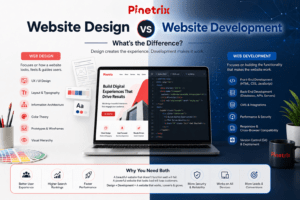 Website design vs website development comparison showing UX and UI design on one side and front-end, back-end, and technical development on the other.
